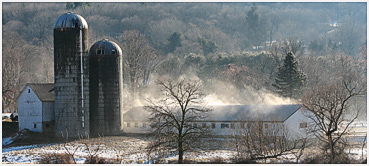 Morning mist hangs over a country barn.